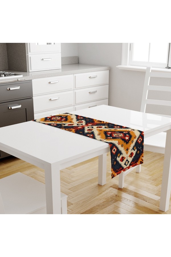 Otantik Etnik Desenli Baskılı Leke Tutmaz Dertsiz Dekoratif Runner Örtüsü 40x140cm