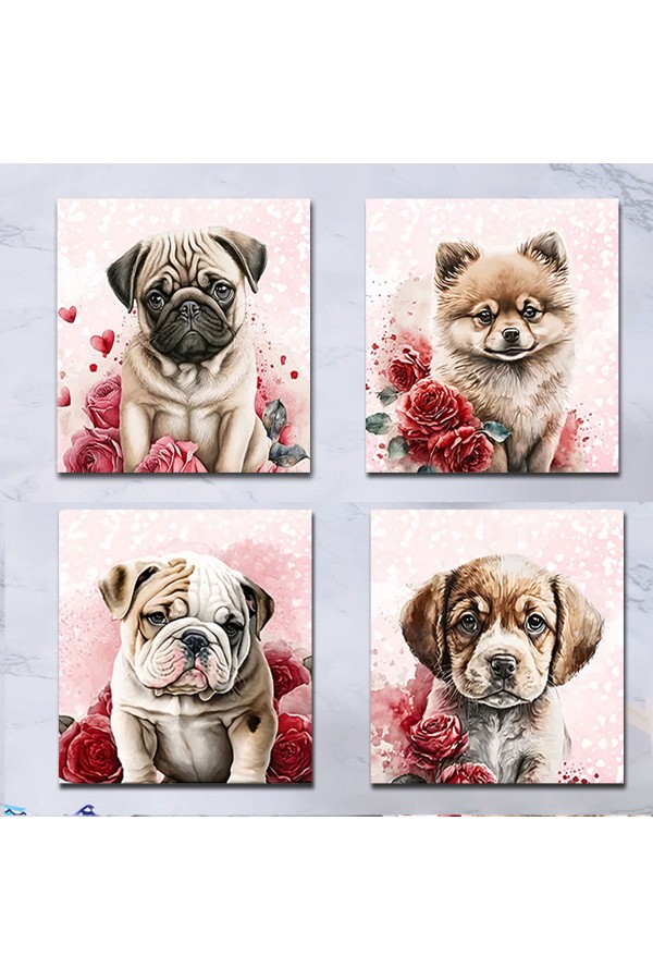 Else Sevimli Köpekler Desenli Dekoratif 4 lü Wc Banyo Gider Kapağı Yıkanabilir Kaymaz