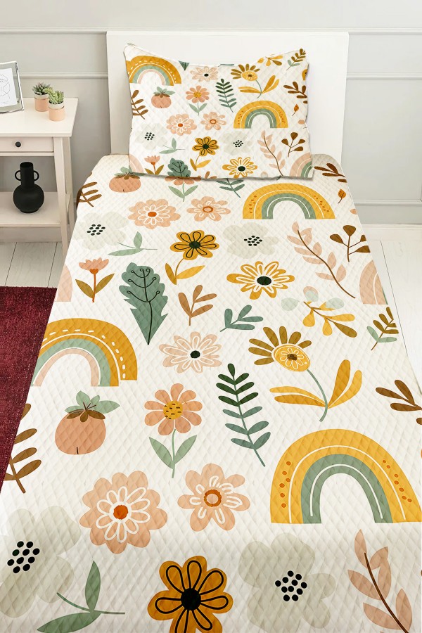 Çiçekli Boho Gökkuşağı Desenli Kız Çocuk Tek Kişilik Kapitoneli Pike Takımı Yatak Örtüsü