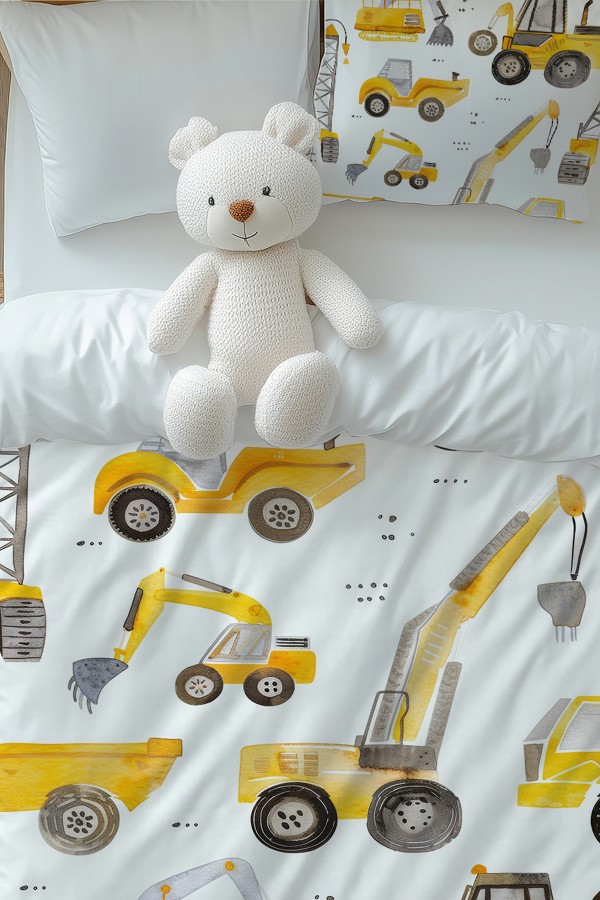 Sarı İş Makineleri Desenli Erkek Çocuk Tek Kişilik Nevresim Takımı Yastık Kılıflı Sarı İş Makineleri Desenli Erkek Çocuk Tek Kişilik Nevresim Takımı Yastık Kılıflı