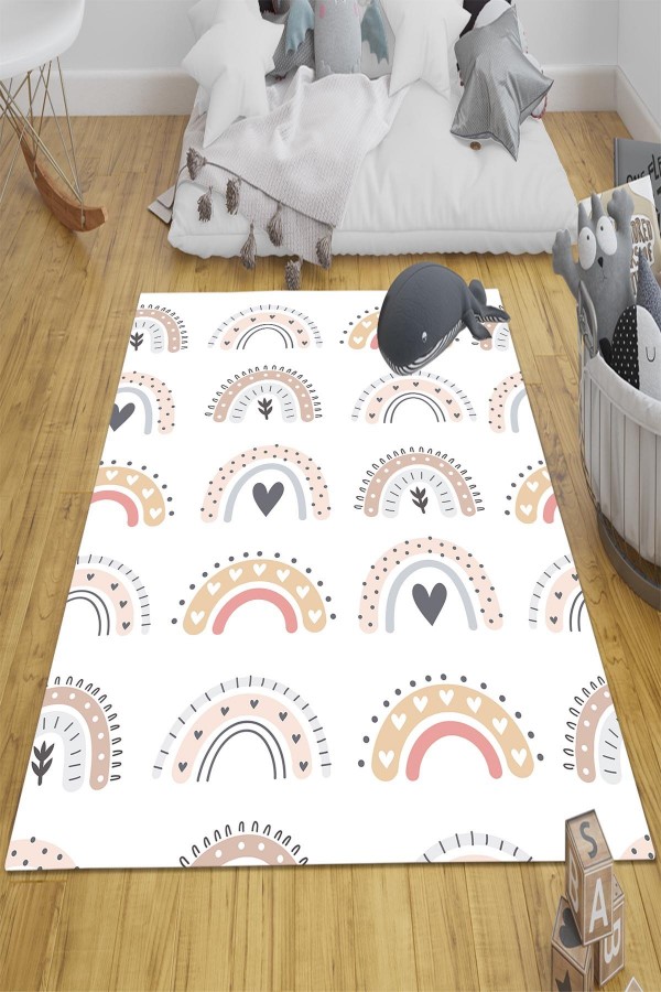 Renkli Boho Gökkuşakları Desenli Kız Çocuk Odası Halısı Yıkanabilir Kaymaz Taban Renkli Boho Gökkuşakları Desenli Kız Çocuk Odası Halısı Yıkanabilir Kaymaz Taban