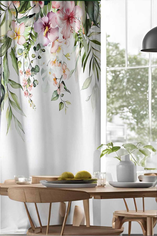 Renkli Çiçekler Desenli Djital Baskılı Yemek Odası Mutfak Fon Perde 140x260cm