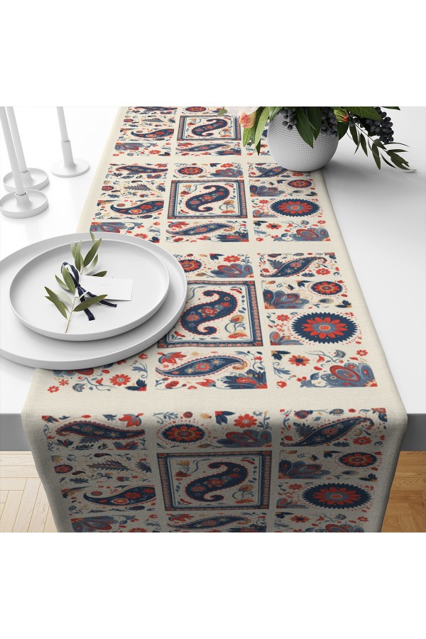 Osmanlı Çini Desenli Baskılı Leke Tutmaz Dertsiz Dekoratif Runner Örtüsü 40x140cm