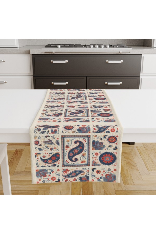 Osmanlı Çini Desenli Baskılı Leke Tutmaz Dertsiz Dekoratif Runner Örtüsü 40x140cm