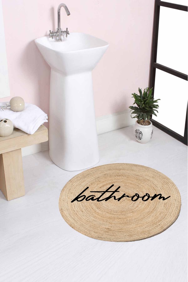 Else Bathroom Yazılı Halat Hasır Jüt Örgü Yuvarlak Halı Banyo Paspası