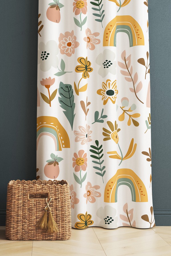 Çiçekli Boho Gökkuşağı Desenli Kız Çocuk Odası Fon Perde 140x260cm Çiçekli Boho Gökkuşağı Desenli Kız Çocuk Odası Fon Perde 140x260cm