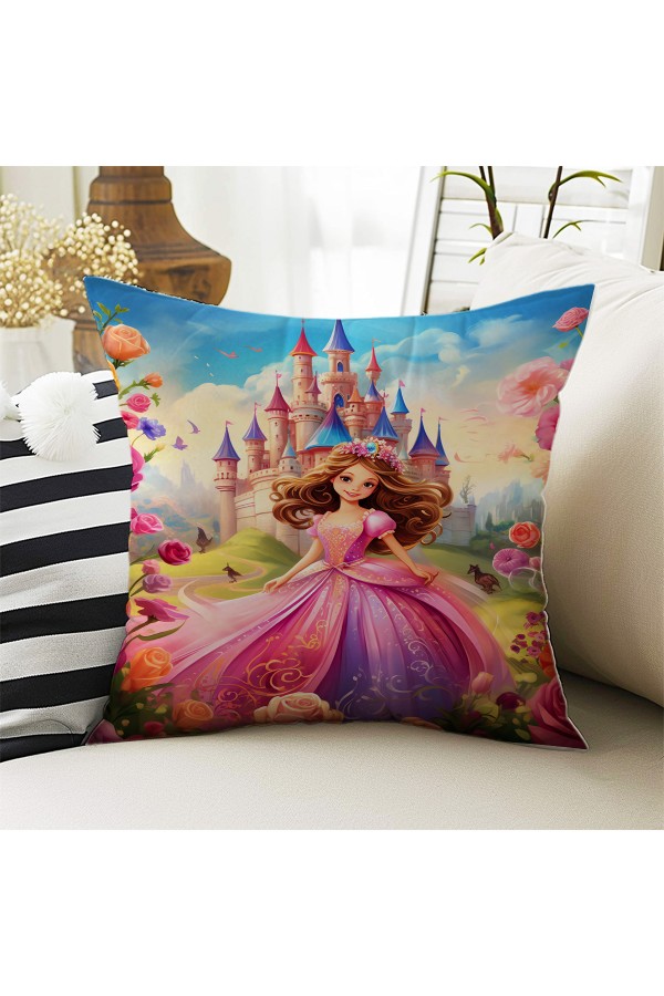 Prenses Şatolu Desenli Kız Çocuk Dekoratif Çift Taraflı Kırlent Kılıfı 43x43cm Prenses Şatolu Desenli Kız Çocuk Dekoratif Çift Taraflı Kırlent Kılıfı 43x43cm