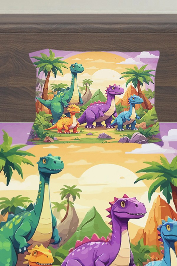 Renkli Dinazor Hayvanlar Desenli Çocuk Tek Kişilik Yastıklı Çarşaf Takımı 100x200 cm Renkli Dinazor Hayvanlar Desenli Çocuk Tek Kişilik Yastıklı Çarşaf Takımı 100x200 cm