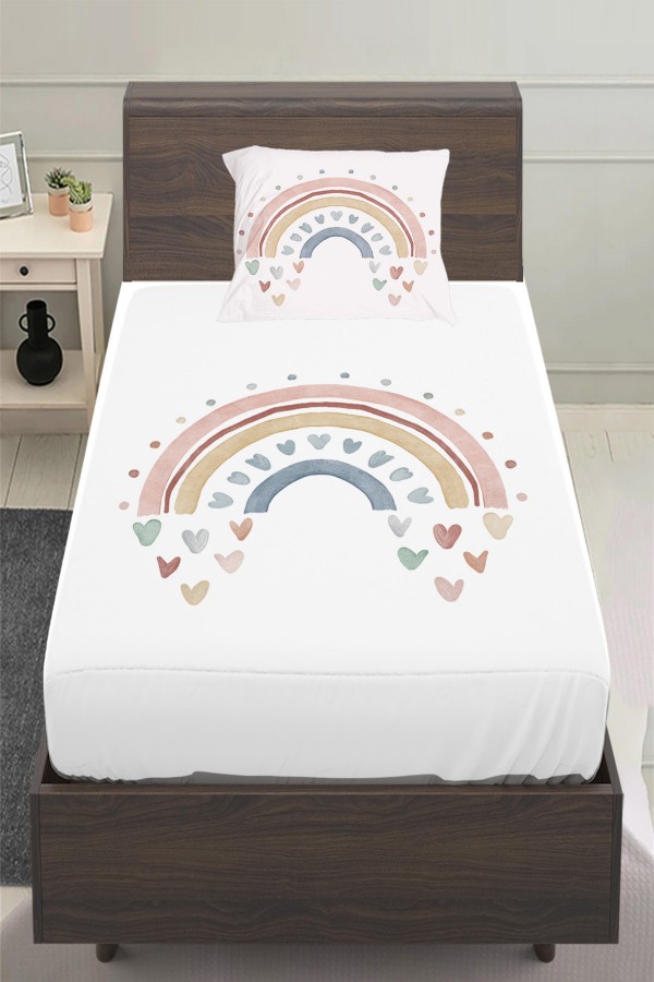Gökkuşağı Boho Desenli Kız Çocuk Tek Kişilik Yastıklı Çarşaf Takımı 100x200 cm