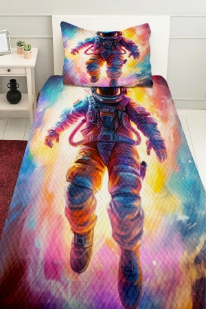 Renkli Astranot Uzay Desenli Çocuk Tek Kişilik Kapitoneli Pike Takımı Yatak Örtüsü