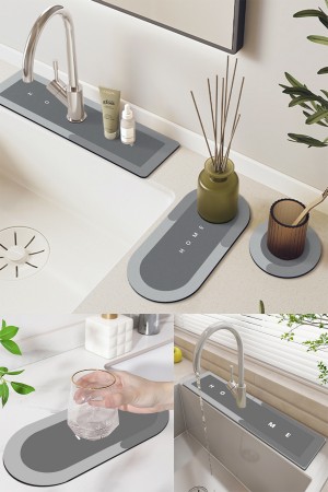 Else Gri Musluk Matı 3 lü Set Mutfak Organizer Lavabo Matı Sabunluk Bulaşık Süngeri Matı