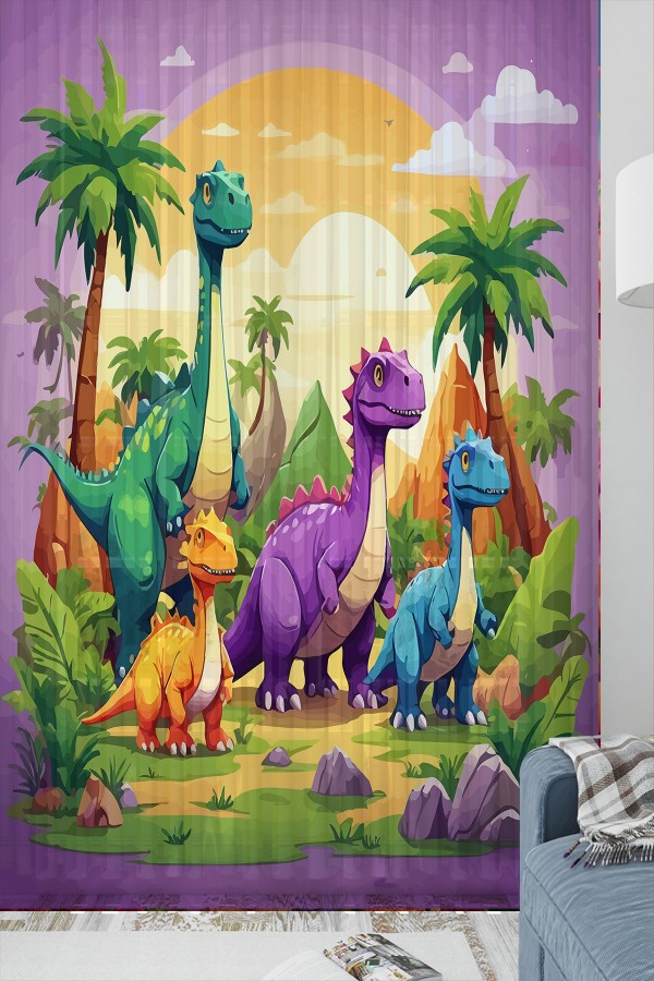 Renkli Dinazor Hayvanlar Desenli Çocuk Odası Tül Perde 140x260cm Renkli Dinazor Hayvanlar Desenli Çocuk Odası Tül Perde 140x260cm