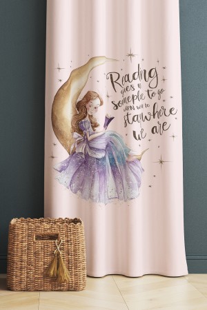 Pembe Ayda Oturan Kız Desenli Kız Çocuk Odası Fon Perde 140x260cm