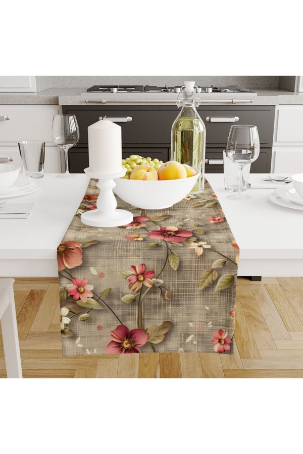 Retro Çiçekler Desenli Baskılı Leke Tutmaz Dertsiz Dekoratif Runner Örtüsü 40x140cm