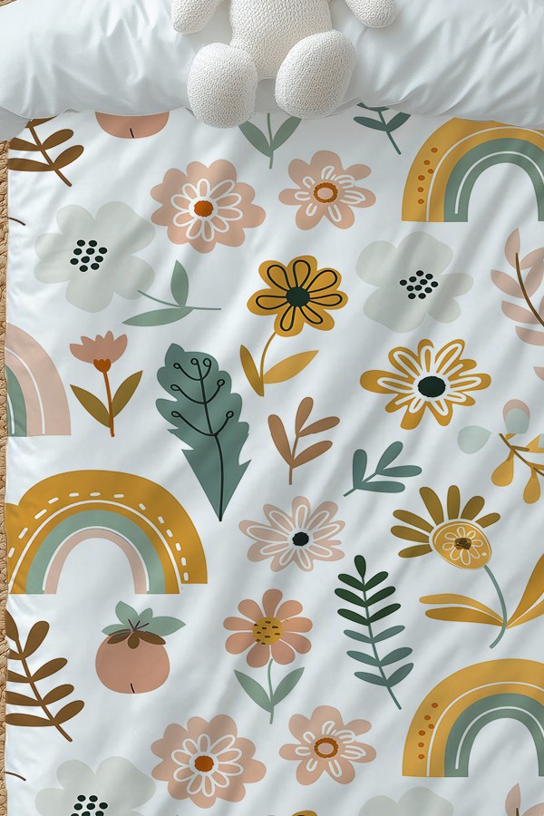 Çiçekli Boho Gökkuşağı Desenli Kız Çocuk Tek Kişilik Nevresim Takımı Yastık Kılıflı Çiçekli Boho Gökkuşağı Desenli Kız Çocuk Tek Kişilik Nevresim Takımı Yastık Kılıflı