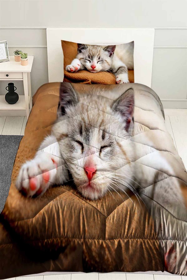 Sevimli Uyuyan Kedi Desenli Tek Kişilik Kapitoneli Yorgan Yastık Kılıflı Sevimli Uyuyan Kedi Desenli Tek Kişilik Kapitoneli Yorgan Yastık Kılıflı