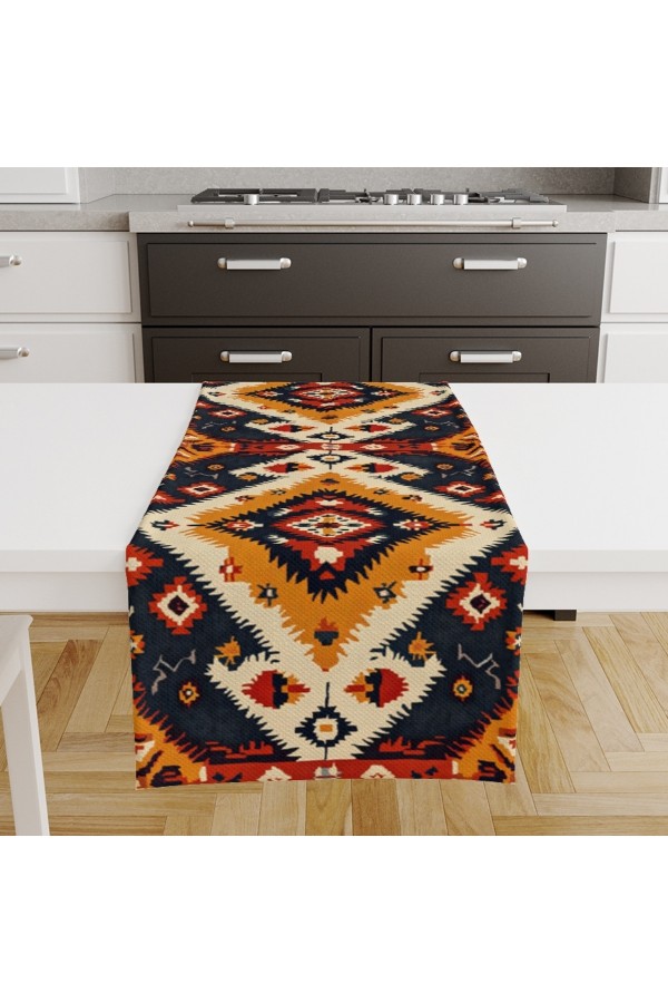Otantik Etnik Desenli Baskılı Leke Tutmaz Dertsiz Dekoratif Runner Örtüsü 40x140cm