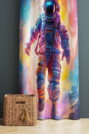 Renkli Astranot Uzay Desenli Çocuk Odası Fon Perde 140x260cm