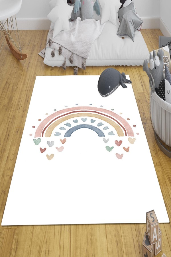 Gökkuşağı Boho Desenli Kız Çocuk Odası Halısı Yıkanabilir Kaymaz Taban