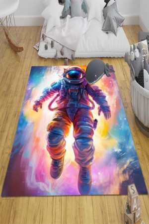 Renkli Astranot Uzay Desenli Çocuk Odası Halısı Yıkanabilir Kaymaz Taban