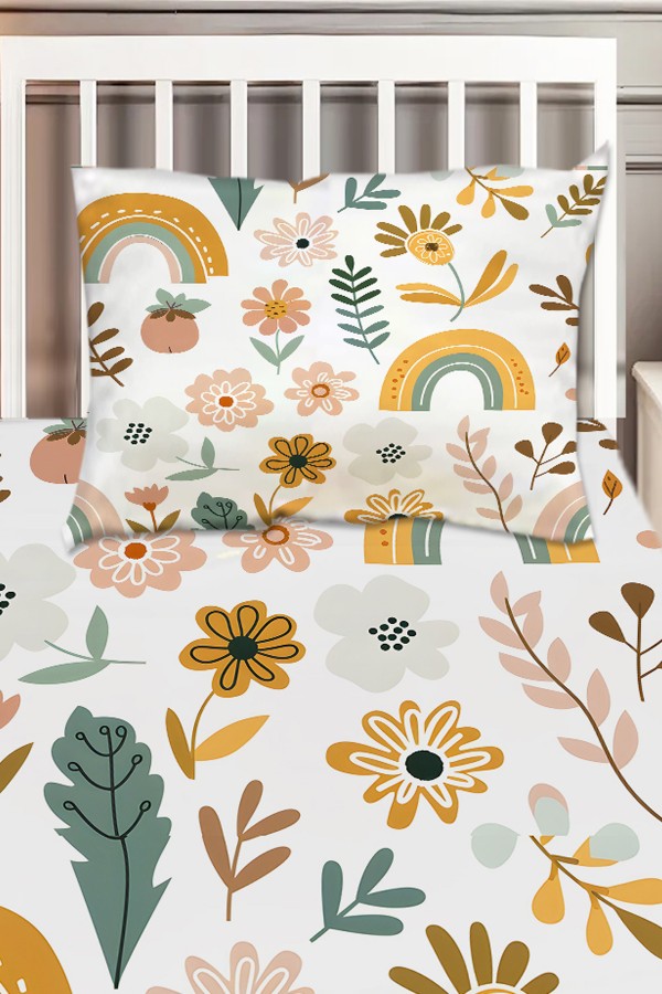 Çiçekli Boho Gökkuşağı Desenli Kız Çocuk Dekoratif Baskılı Yatak Örtüsü