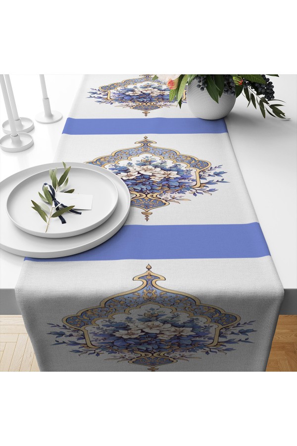 Mavi Beyaz Çiçekli Desenli Baskılı Leke Tutmaz Dertsiz Dekoratif Runner Örtüsü 40x140cm