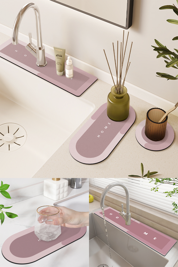 Else Pembe Musluk Matı 3 lü Set Mutfak Organizer Lavabo Matı Sabunluk Bulaşık Süngeri Matı