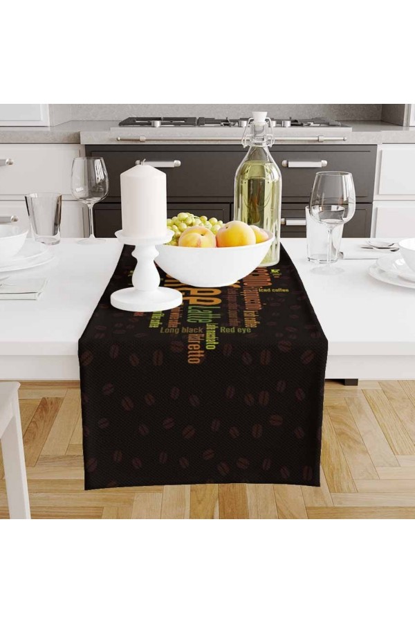 Kahve Yazılar Desenli Baskılı Leke Tutmaz Dertsiz Dekoratif Runner Örtüsü 40x140cm Kahve Yazılar Desenli Baskılı Leke Tutmaz Dertsiz Dekoratif Runner Örtüsü 40x140cm
