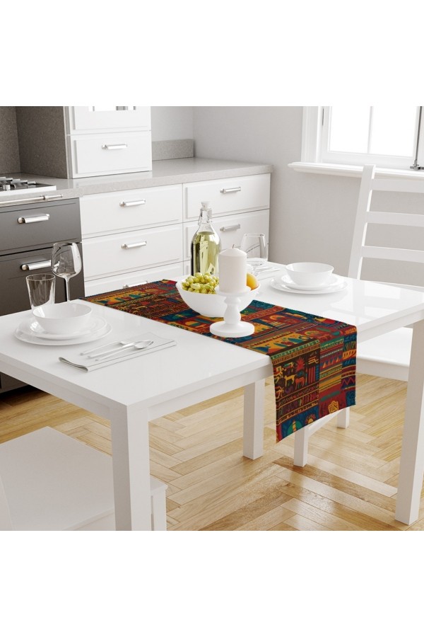Renkli Hitit Otantik Desenli Baskılı Leke Tutmaz Dertsiz Dekoratif Runner Örtüsü 40x140cm