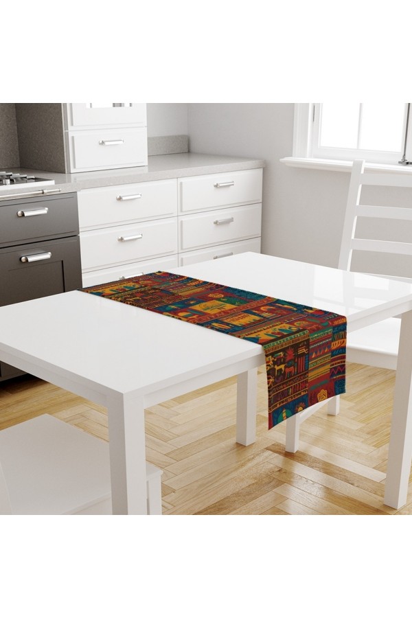Renkli Hitit Otantik Desenli Baskılı Leke Tutmaz Dertsiz Dekoratif Runner Örtüsü 40x140cm