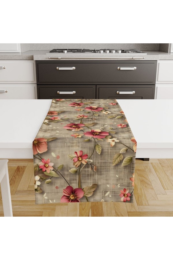 Retro Çiçekler Desenli Baskılı Leke Tutmaz Dertsiz Dekoratif Runner Örtüsü 40x140cm