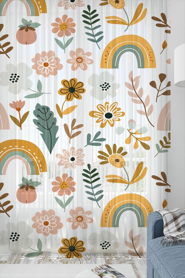 Çiçekli Boho Gökkuşağı Desenli Kız Çocuk Odası Tül Perde 140x260cm Çiçekli Boho Gökkuşağı Desenli Kız Çocuk Odası Tül Perde 140x260cm