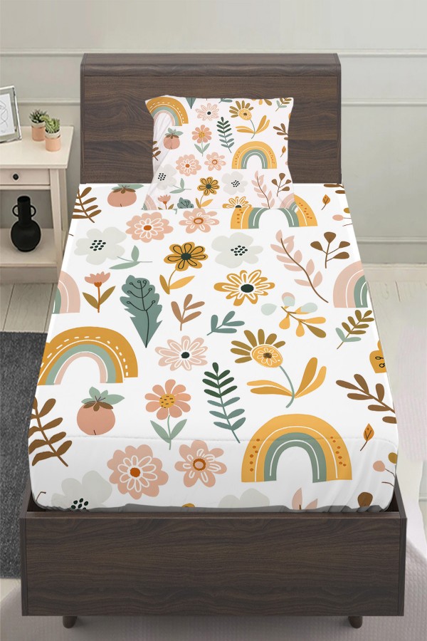 Çiçekli Boho Gökkuşağı Desenli Kız Çocuk Tek Kişilik Yastıklı Çarşaf Takımı 100x200 cm Çiçekli Boho Gökkuşağı Desenli Kız Çocuk Tek Kişilik Yastıklı Çarşaf Takımı 100x200 cm
