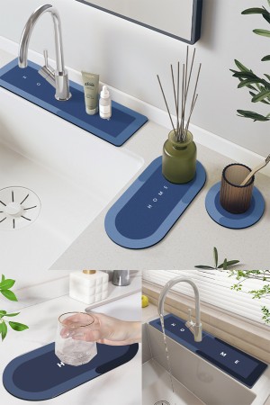 Else Mavi Musluk Matı 3 lü Set Mutfak Organizer Lavabo Matı Sabunluk Bulaşık Süngeri Matı