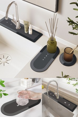 Else Antrasit Musluk Matı 3 lü Set Mutfak Organizer Lavabo Matı Sabunluk Bulaşık Süngeri Matı