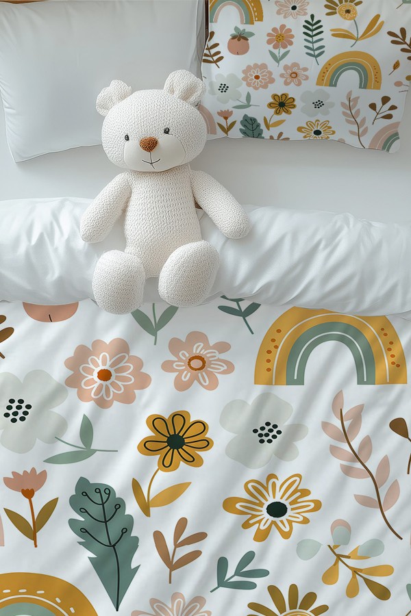 Çiçekli Boho Gökkuşağı Desenli Kız Çocuk Tek Kişilik Nevresim Takımı Yastık Kılıflı Çiçekli Boho Gökkuşağı Desenli Kız Çocuk Tek Kişilik Nevresim Takımı Yastık Kılıflı