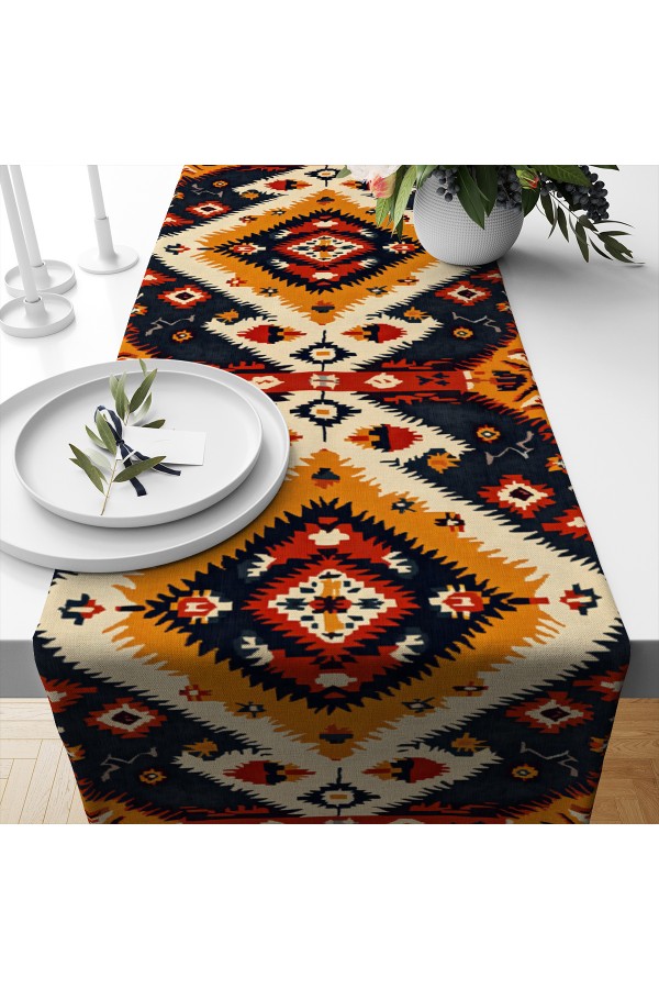 Otantik Etnik Desenli Baskılı Leke Tutmaz Dertsiz Dekoratif Runner Örtüsü 40x140cm
