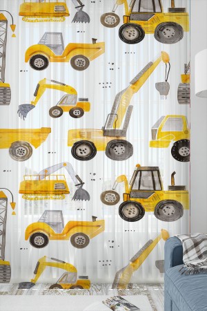 Sarı İş Makineleri Desenli Erkek Çocuk Odası Tül Perde 140x260cm