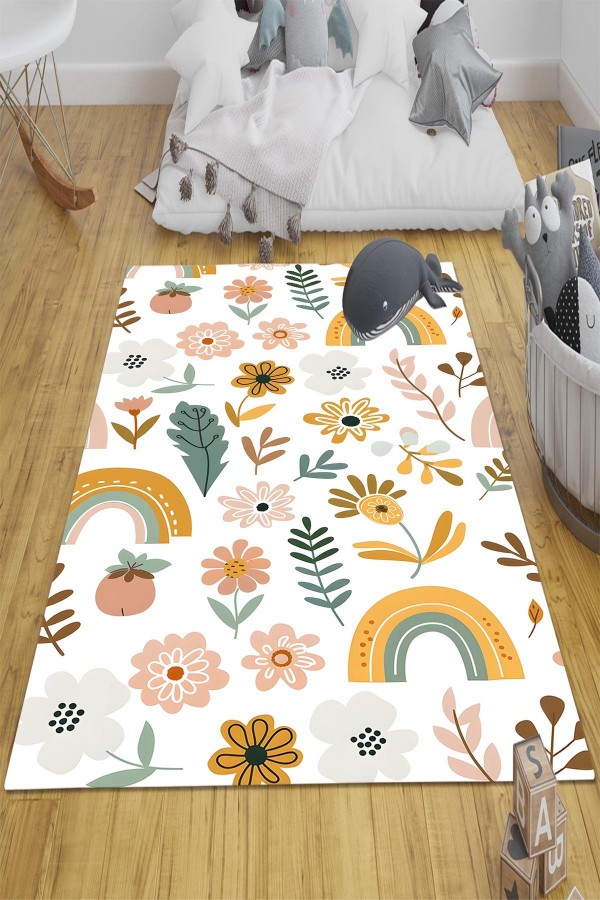 Çiçekli Boho Gökkuşağı Desenli Kız Çocuk Odası Halısı Yıkanabilir Kaymaz Taban Çiçekli Boho Gökkuşağı Desenli Kız Çocuk Odası Halısı Yıkanabilir Kaymaz Taban