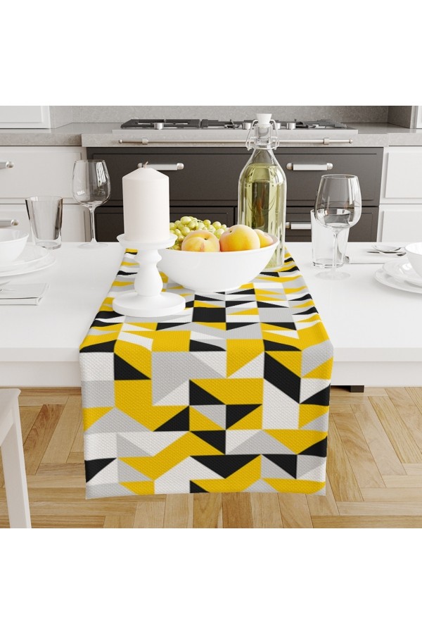 Sarı Siyah Karolar Desenli Baskılı Leke Tutmaz Dertsiz Dekoratif Runner Örtüsü 40x140cm