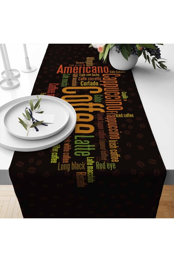 Kahve Yazılar Desenli Baskılı Leke Tutmaz Dertsiz Dekoratif Runner Örtüsü 40x140cm Kahve Yazılar Desenli Baskılı Leke Tutmaz Dertsiz Dekoratif Runner Örtüsü 40x140cm