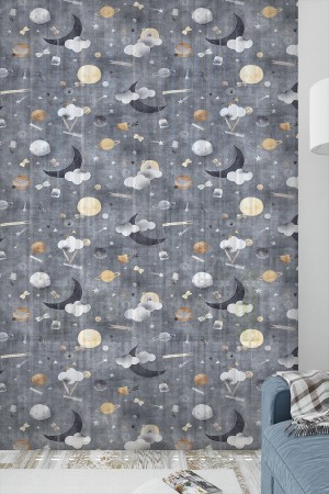 Gri Bulutlu Ay Dede Desenli Erkek Çocuk Odası Tül Perde 140x260cm