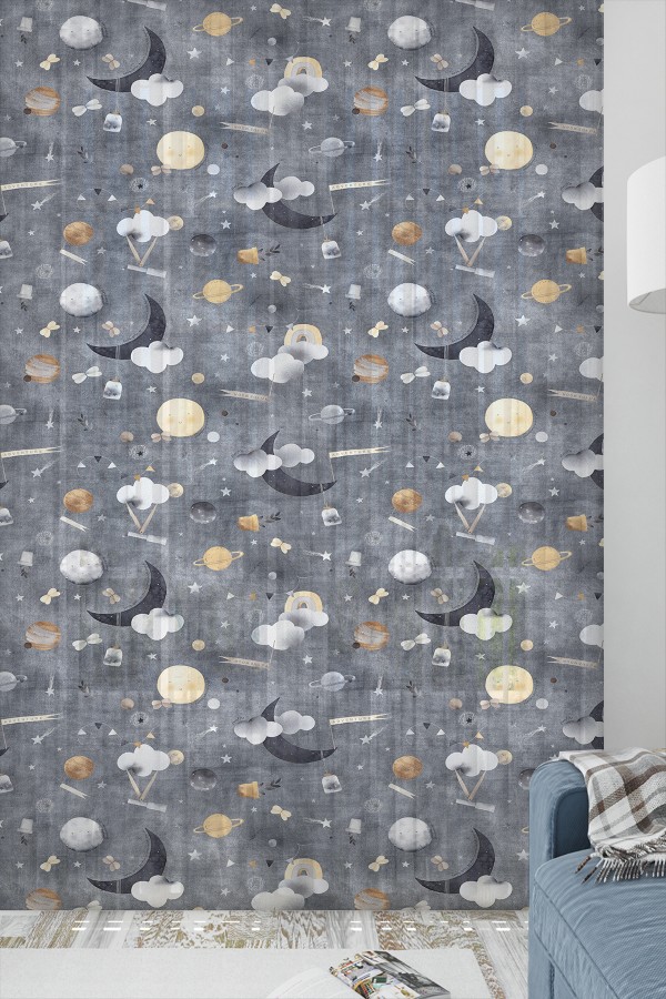 Gri Bulutlu Ay Dede Desenli Erkek Çocuk Odası Tül Perde 140x260cm Gri Bulutlu Ay Dede Desenli Erkek Çocuk Odası Tül Perde 140x260cm