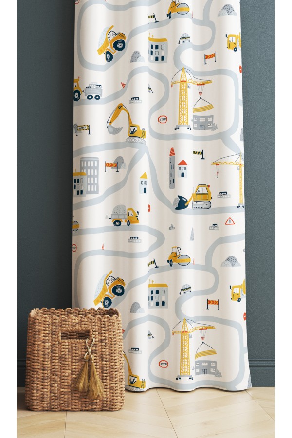 İnşaat İş Makineleri Desenli Erkek Çocuk Odası Fon Perde 140x260cm İnşaat İş Makineleri Desenli Erkek Çocuk Odası Fon Perde 140x260cm