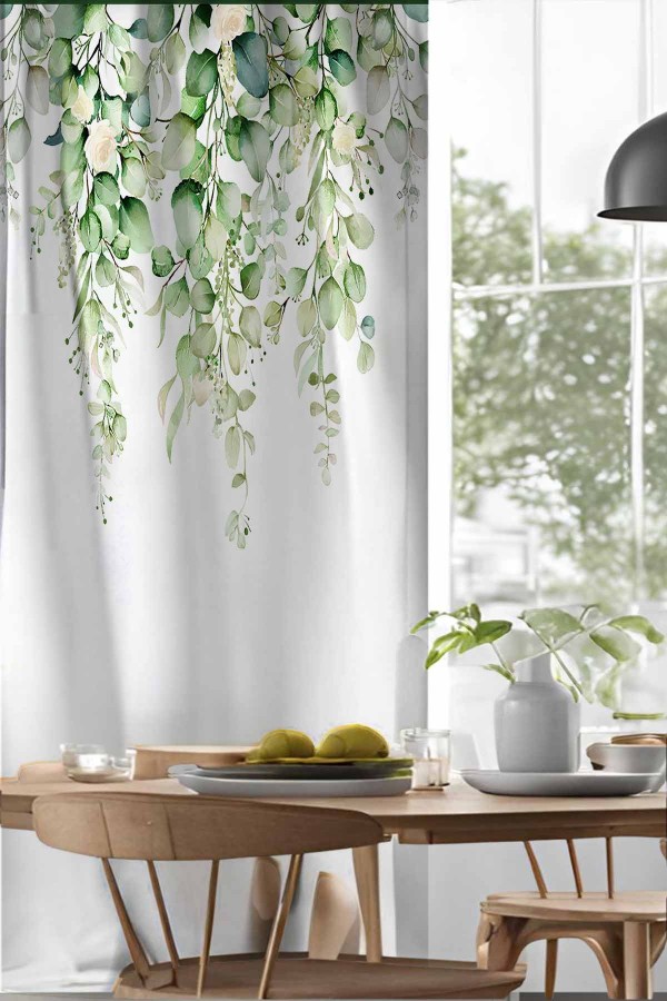 Yeşil Okaliptus Desenli Djital Baskılı Yemek Odası Mutfak Fon Perde 140x260cm