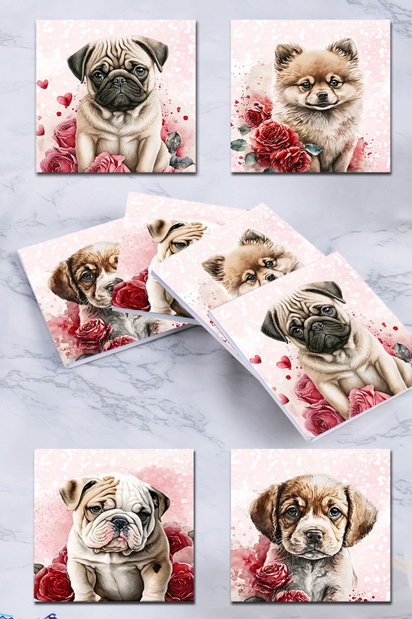 Else Sevimli Köpekler Desenli Dekoratif 4 lü Wc Banyo Gider Kapağı Yıkanabilir Kaymaz