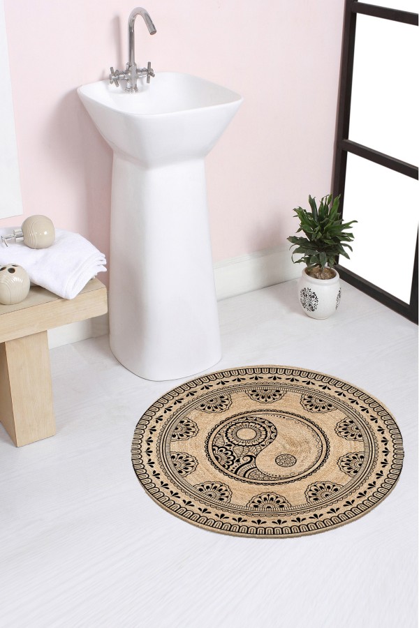 Else Ying Yang Desenli Halat Hasır Jüt Örgü Yuvarlak Halı Banyo Paspası