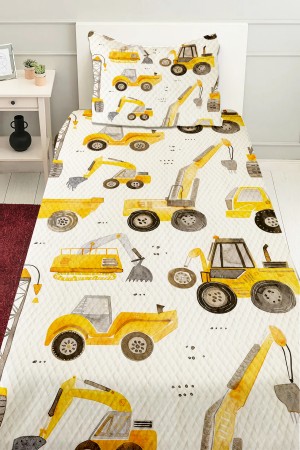 Sarı İş Makineleri Desenli Erkek Çocuk Tek Kişilik Kapitoneli Pike Takımı Yatak Örtüsü