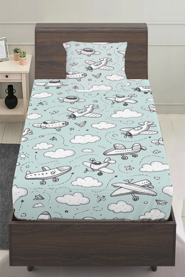 Mavi Beyaz Uçaklar Desenli Erkek Çocuk Tek Kişilik Yastıklı Çarşaf Takımı 100x200 cm