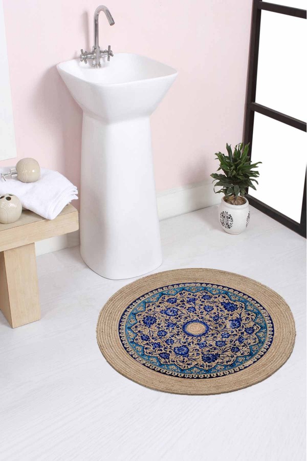 Else Çini Desenli Halat Hasır Jüt Örgü Yuvarlak Halı Banyo Paspası